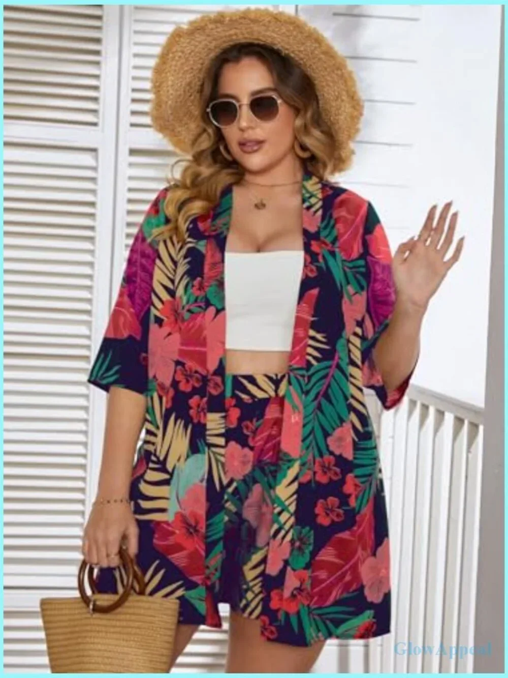 Plus Size 2 Piece Tropical Print Kimono Top & Shorts Set